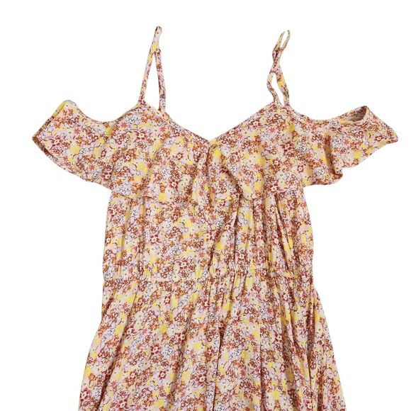 As U Wish Hi Low Cold Shoulder Tank Dress Ruffle Top Yellow Floral Large NWT - Picture 3 of 14